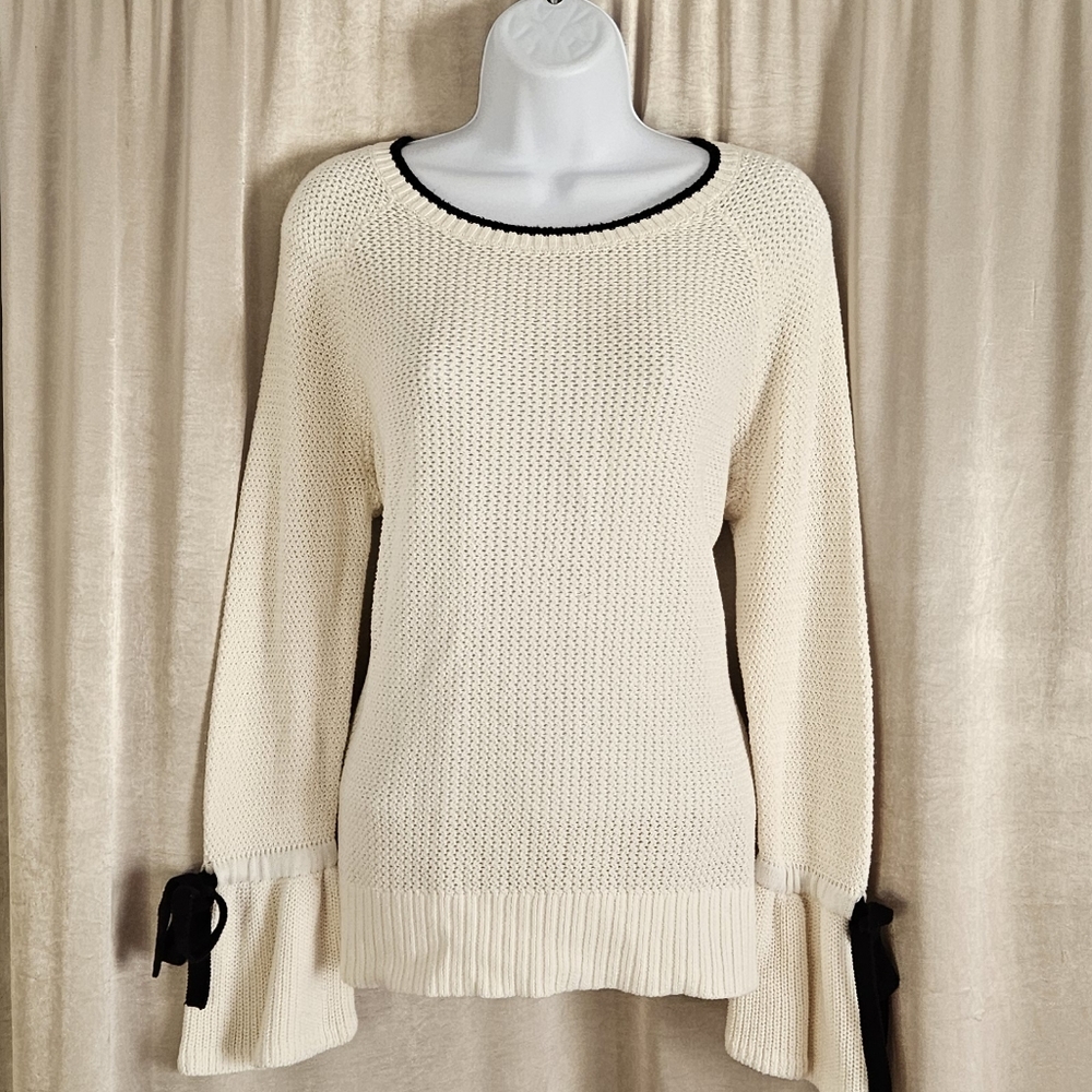 NWOT LOFT white open knit bell sleeve ribbon sweater Womens Medium - Picture 3 of 7